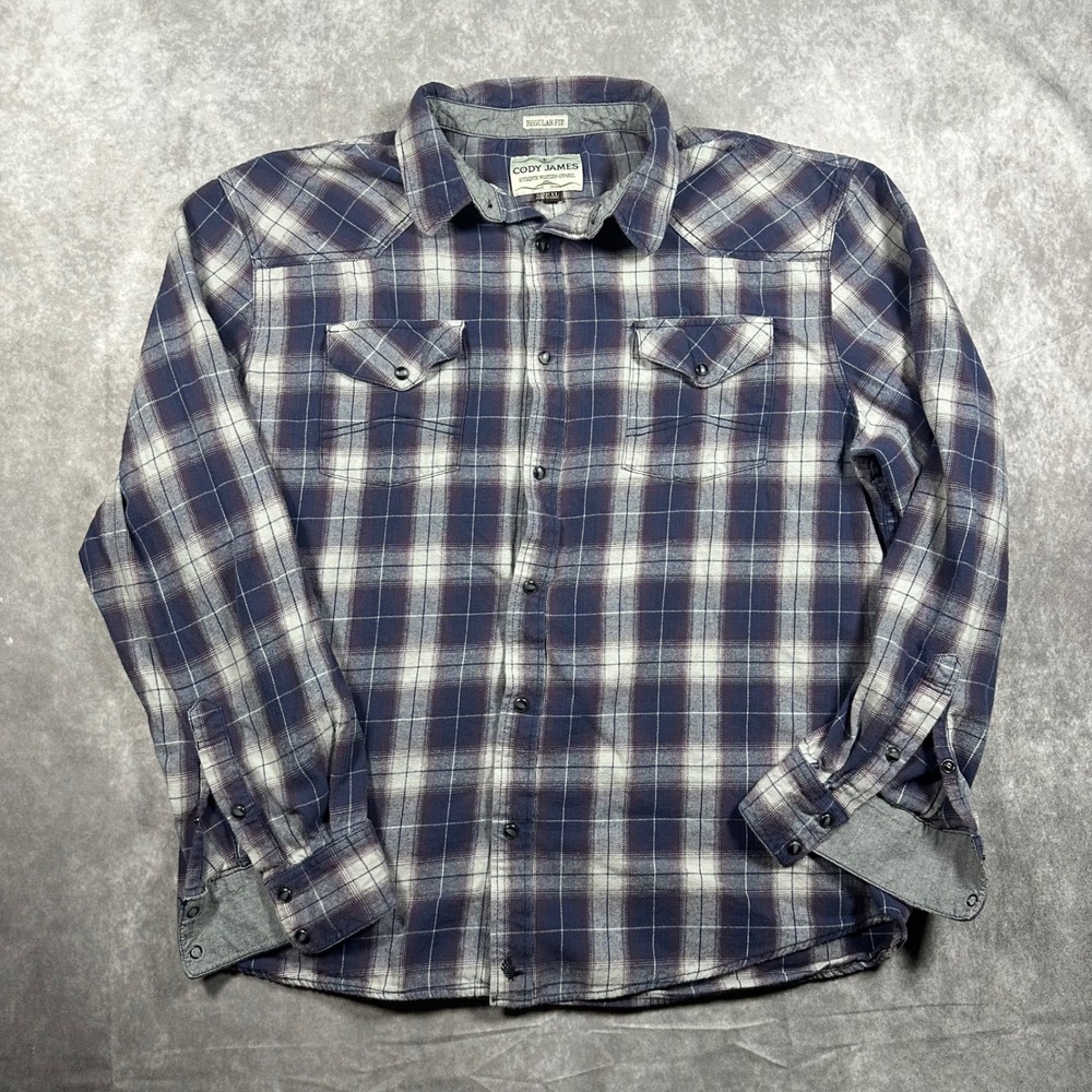 Cody James Men XL Blue Purple Plaid Flannel Pearl Snap Western Shirt Regular Fit